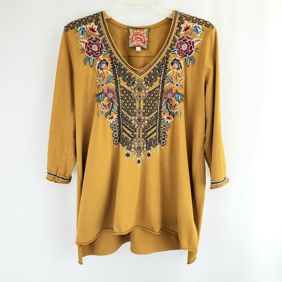 Johnny Was Tunic Top LARGE Dark Mustard Embroidered Floral 3/4-Sleeve #J13019-7 - Picture 2 of 10